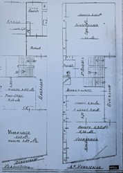 <p>Plattegrond van de verdieping en tweede verdieping van Oudestraat 36, behoren bij de vergunningaanvraag uit 1932. Op de verdieping wordt aan de achterzijde een aparte keuken gerealiseerd (Stadsarchief Kampen). </p>
